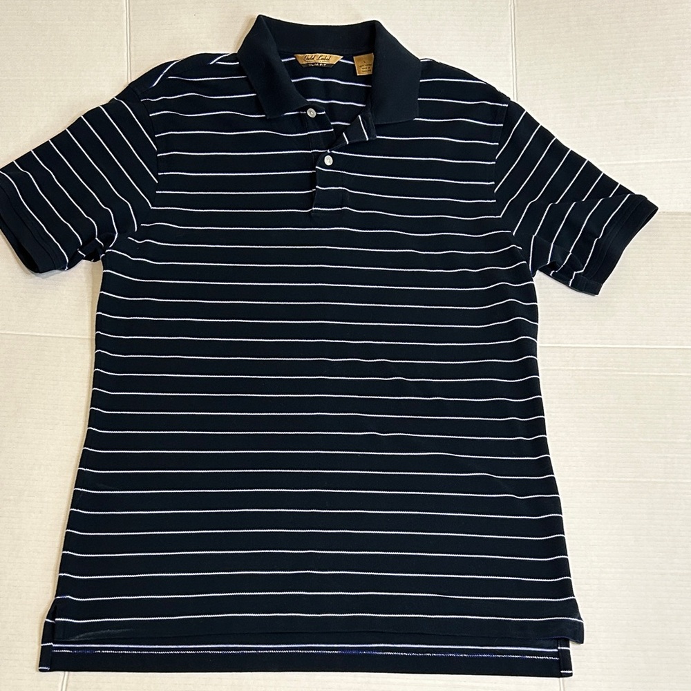 Gold Label Sz L Roundtree & York Slim Fit Navy Polo with White Stripes. Office